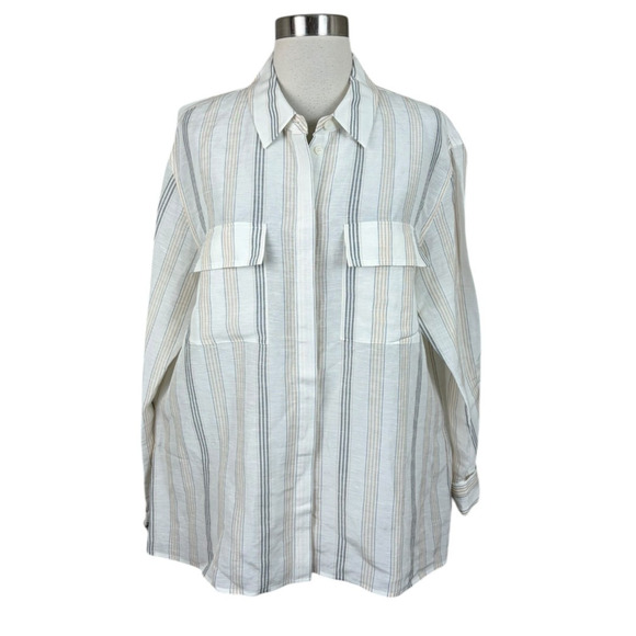Lafayette 148 New York Neutral Stripe Linen Shirt Large Coastal Quiet Luxury - Picture 1 of 4